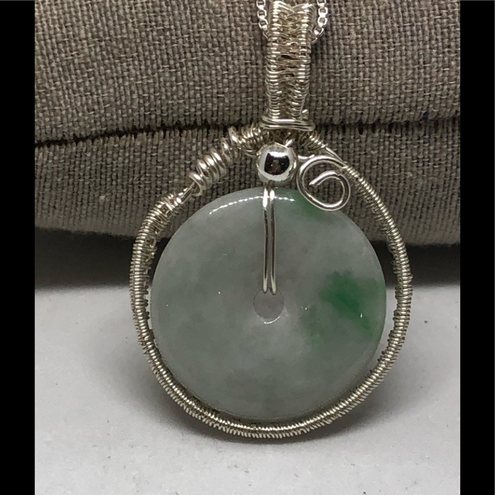 White & Green donut jade handmade silver pendant